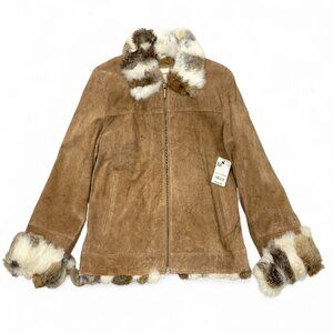 NEW St. John's Bay Suede Leather Fur Trim Zip Cuff Moto Bomber Jacket Women's M